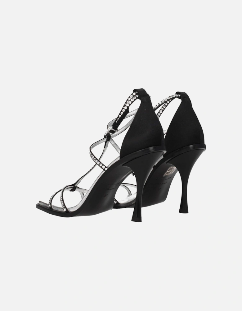 Rhinestone Satin High Heel Sandals with Buckle Closure Women - Black