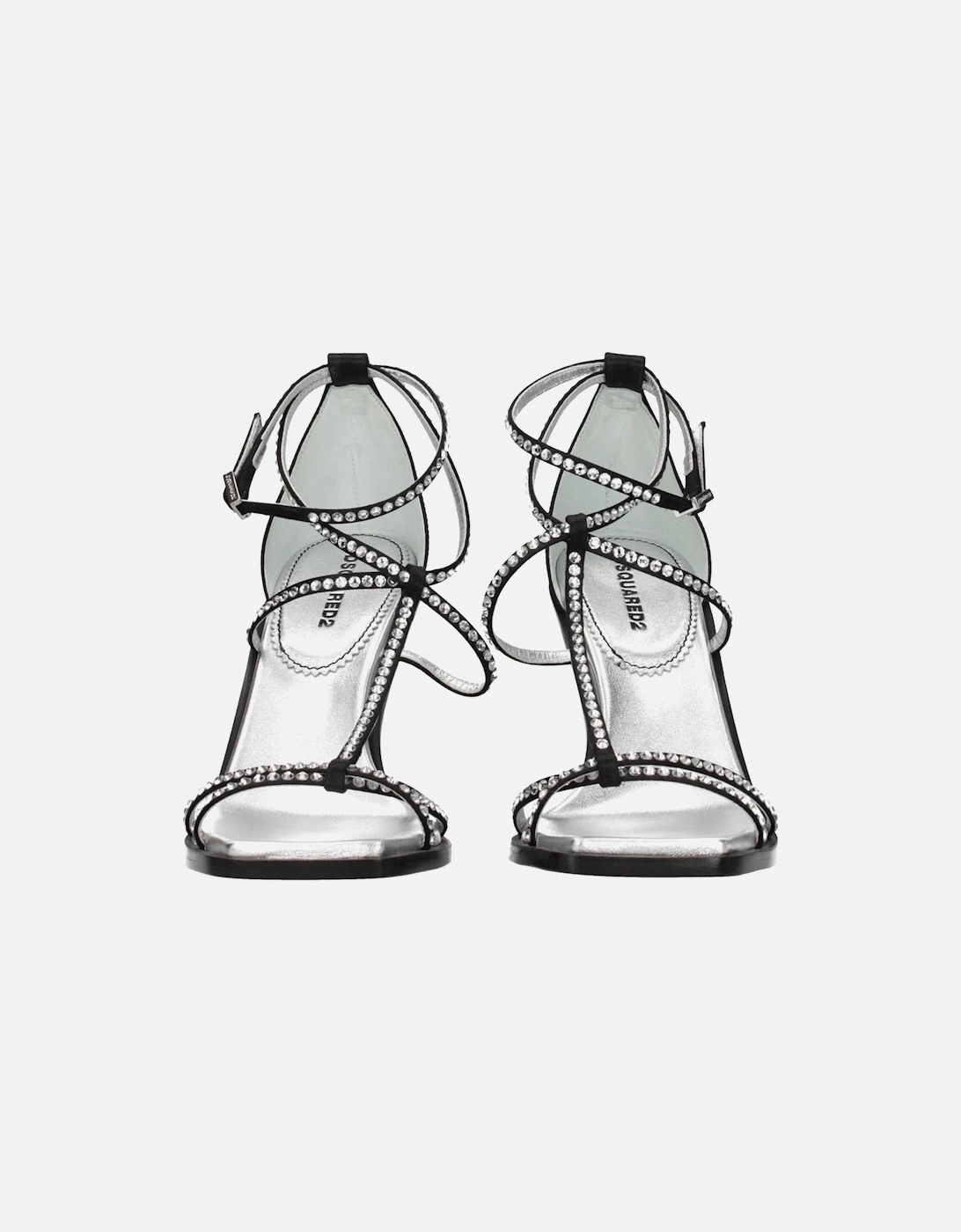Rhinestone Satin High Heel Sandals with Buckle Closure Women - Black