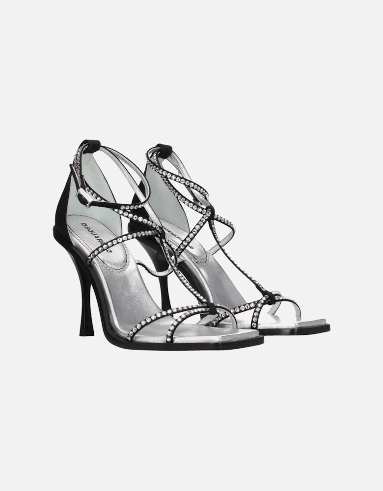 Rhinestone Satin High Heel Sandals with Buckle Closure Women - Black