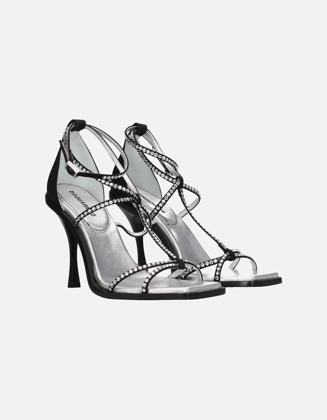 Rhinestone Satin High Heel Sandals with Buckle Closure Women - Black