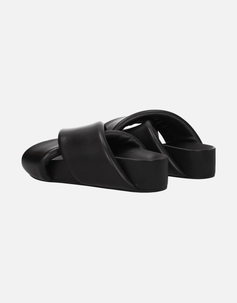 Vintage Effect Leather Mid Heel Slippers Women - Black Sandals