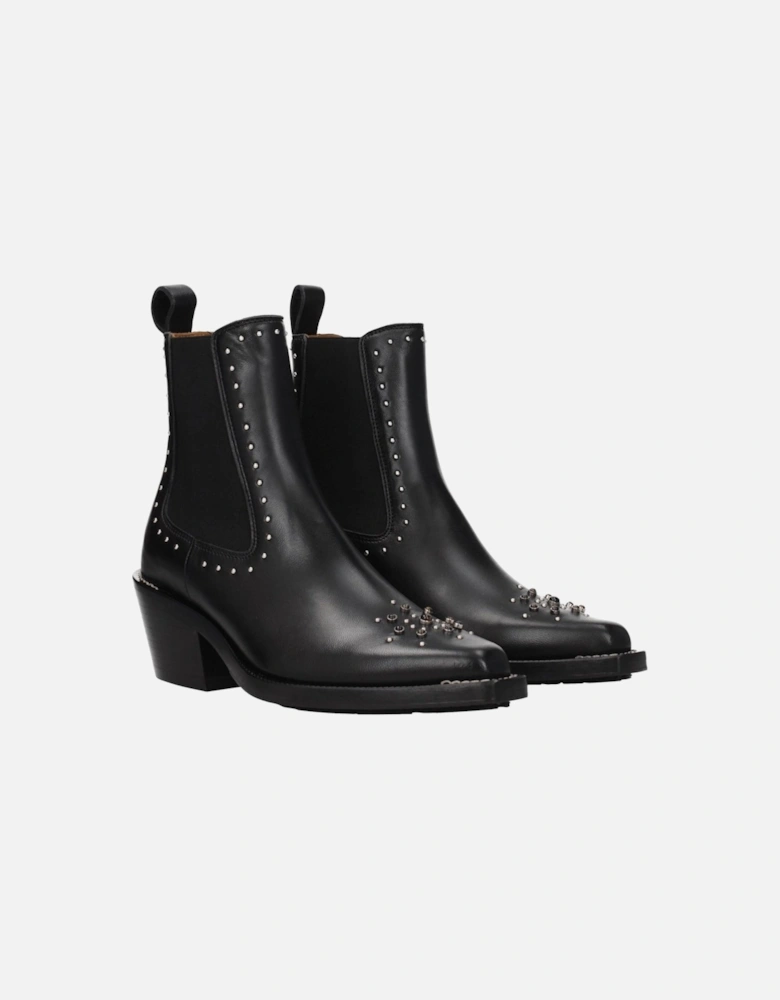 Studded Leather Ankle Boots with Stones Women - Black