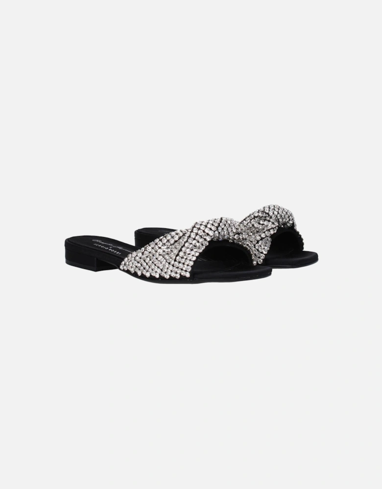 Rhinestone Satin Open Toe Slippers Women - Black Sandals