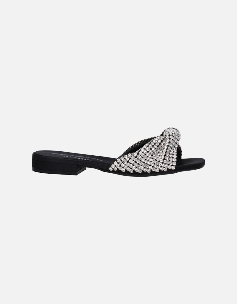 Rhinestone Satin Open Toe Slippers Women - Black Sandals