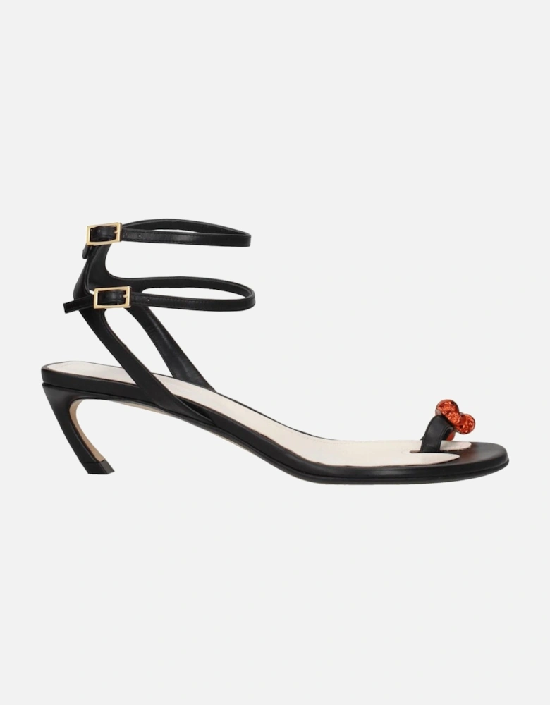 Leather Mid Heel Sandals with Rhinestone Detail Women - Black