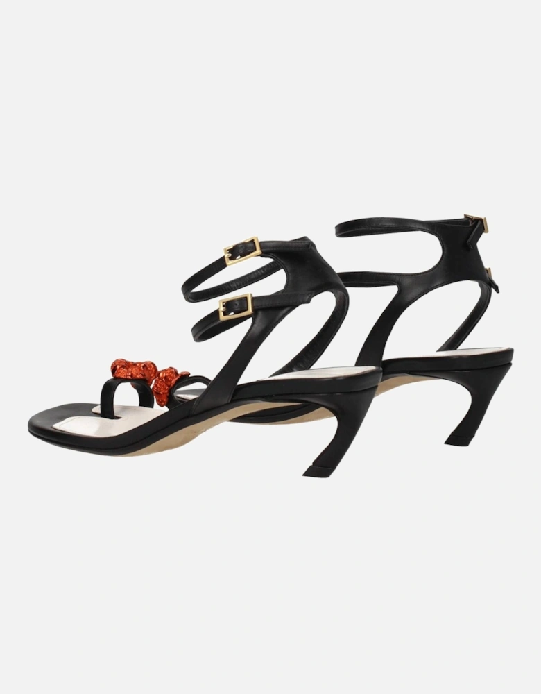 Leather Mid Heel Sandals with Rhinestone Detail Women - Black