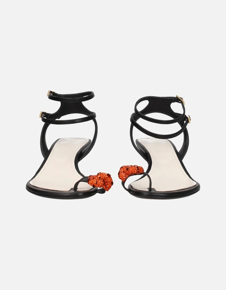 Leather Mid Heel Sandals with Rhinestone Detail Women - Black