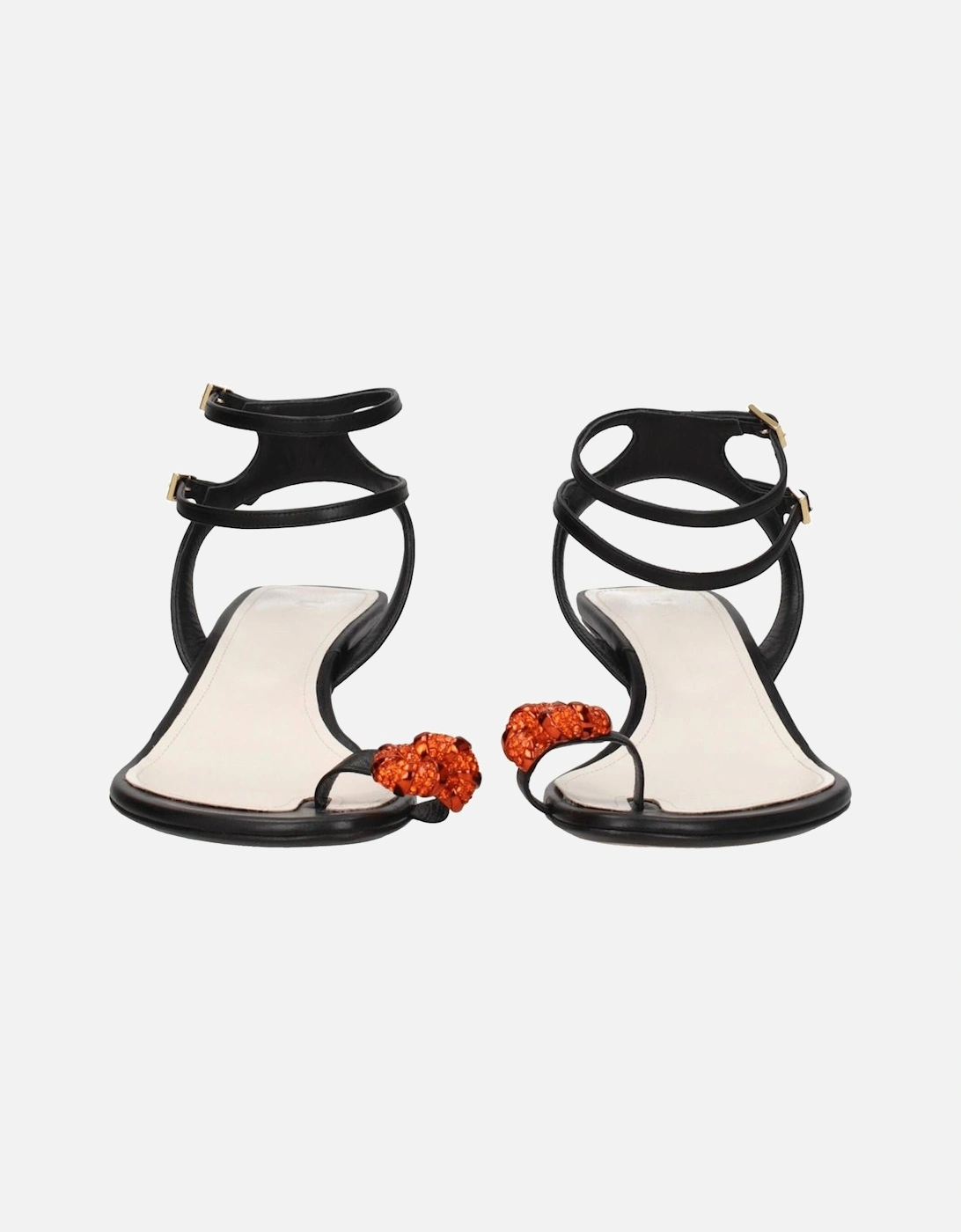 Leather Mid Heel Sandals with Rhinestone Detail Women - Black