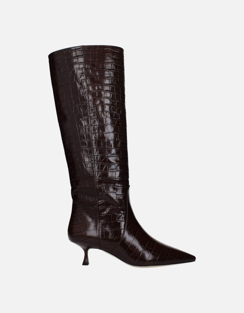 Leather Pointed Toe Mid Heel Boots Women - Brown