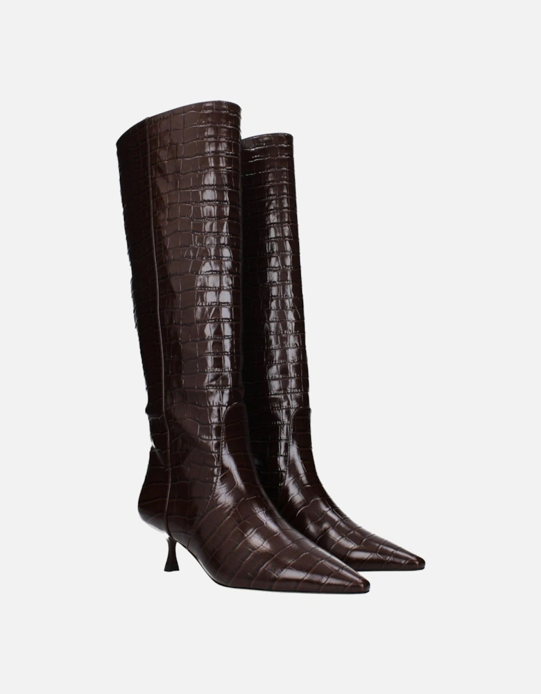Leather Pointed Toe Mid Heel Boots Women - Brown