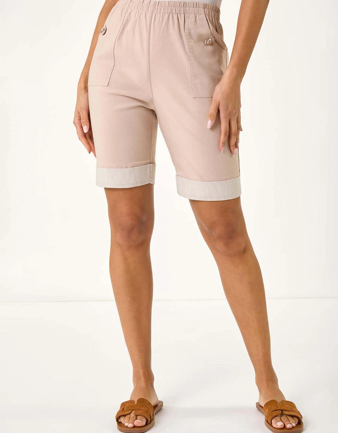 Bengaline Turnup Stripe Stretch Shorts - Stone, 2 of 1