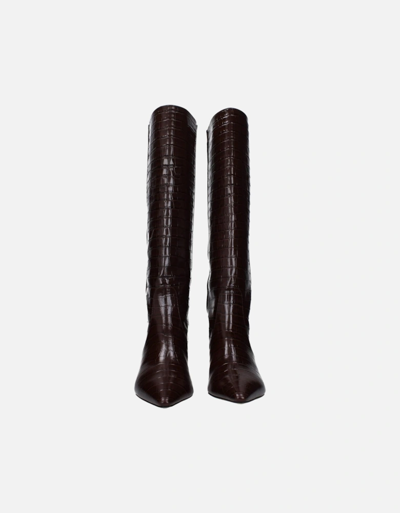 Leather Pointed Toe Mid Heel Boots Women - Brown