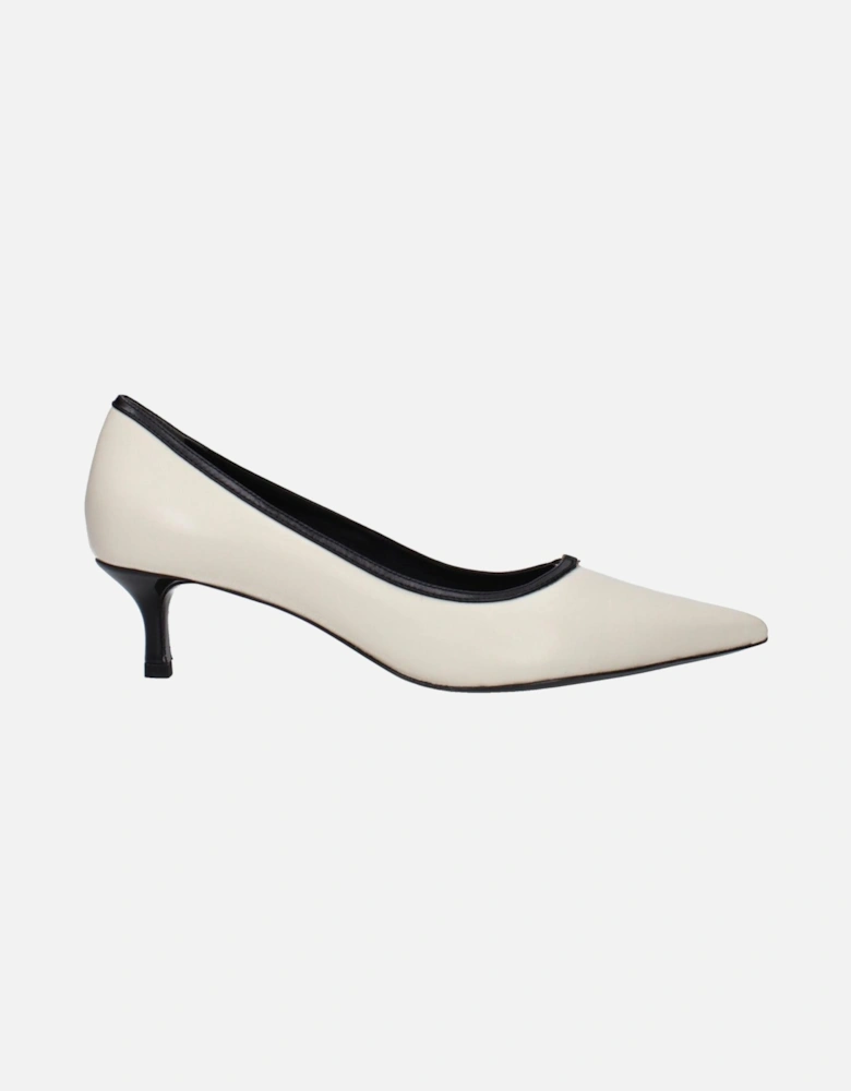 Mid Heel Pointy Toe Leather Pumps with Front Logo Women - Beige
