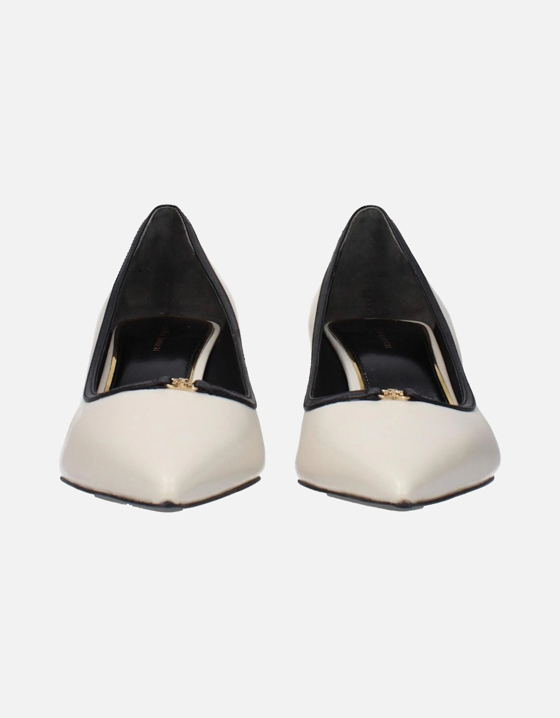 Mid Heel Pointy Toe Leather Pumps with Front Logo Women - Beige