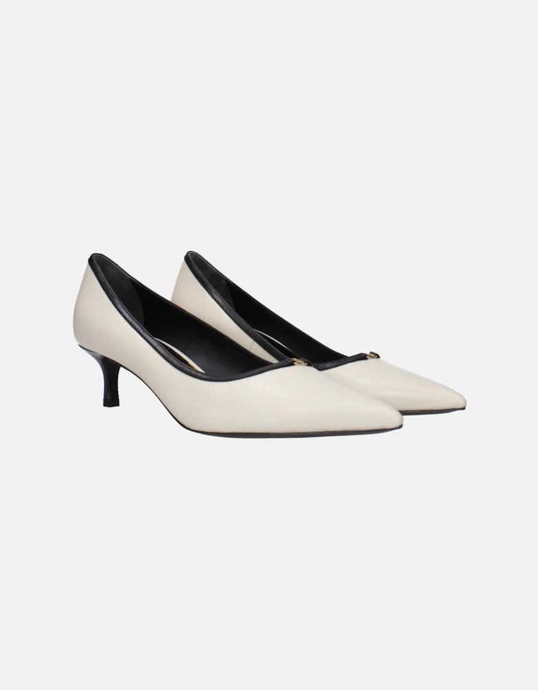 Mid Heel Pointy Toe Leather Pumps with Front Logo Women - Beige