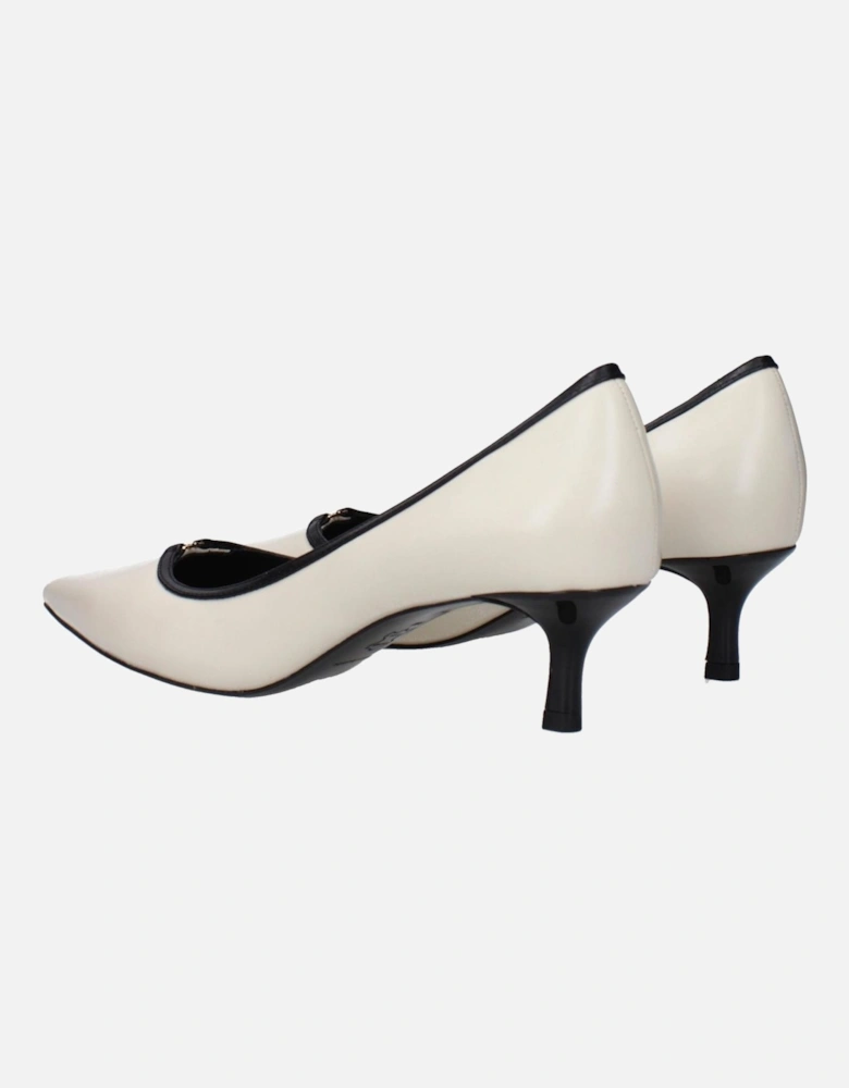 Mid Heel Pointy Toe Leather Pumps with Front Logo Women - Beige