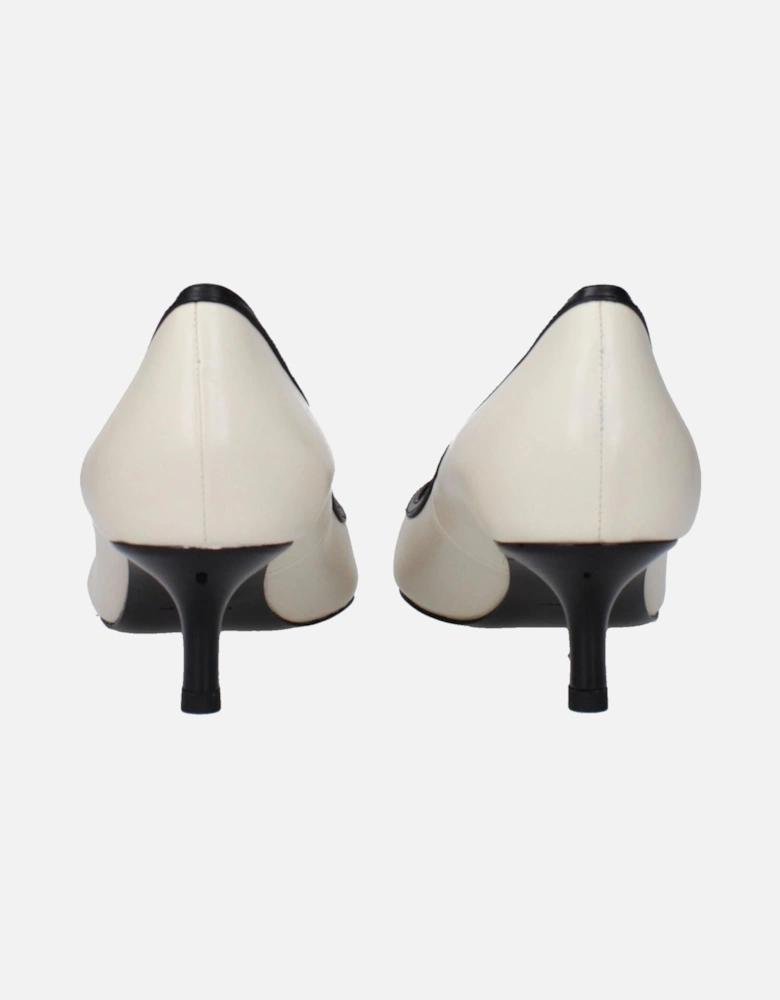 Mid Heel Pointy Toe Leather Pumps with Front Logo Women - Beige