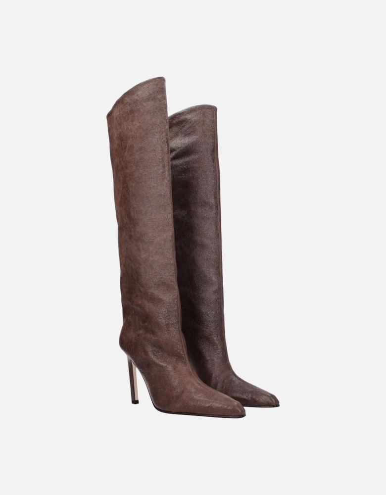 High Heel Pointy Toe Leather Boots Women - Brown