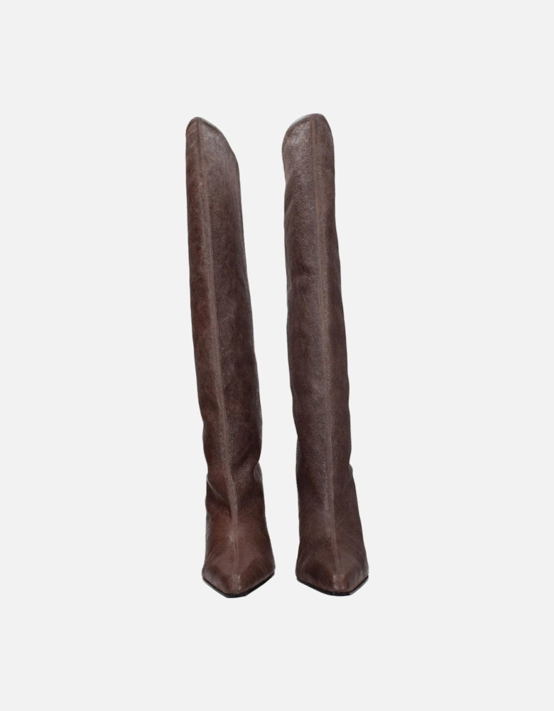 High Heel Pointy Toe Leather Boots Women - Brown
