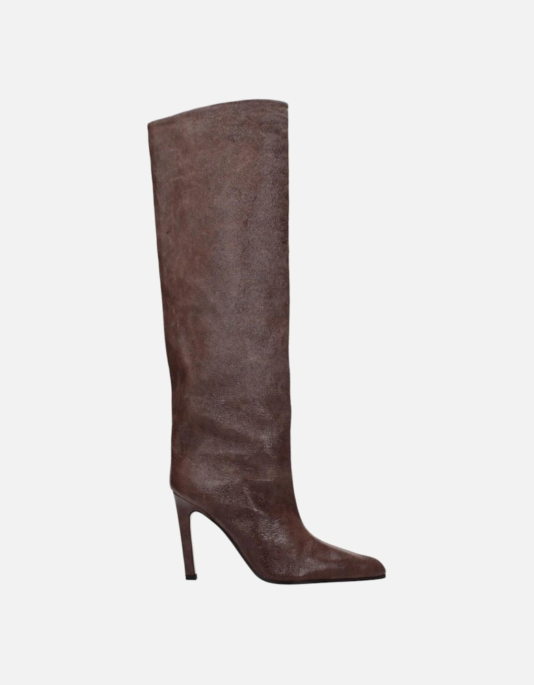 High Heel Pointy Toe Leather Boots Women - Brown