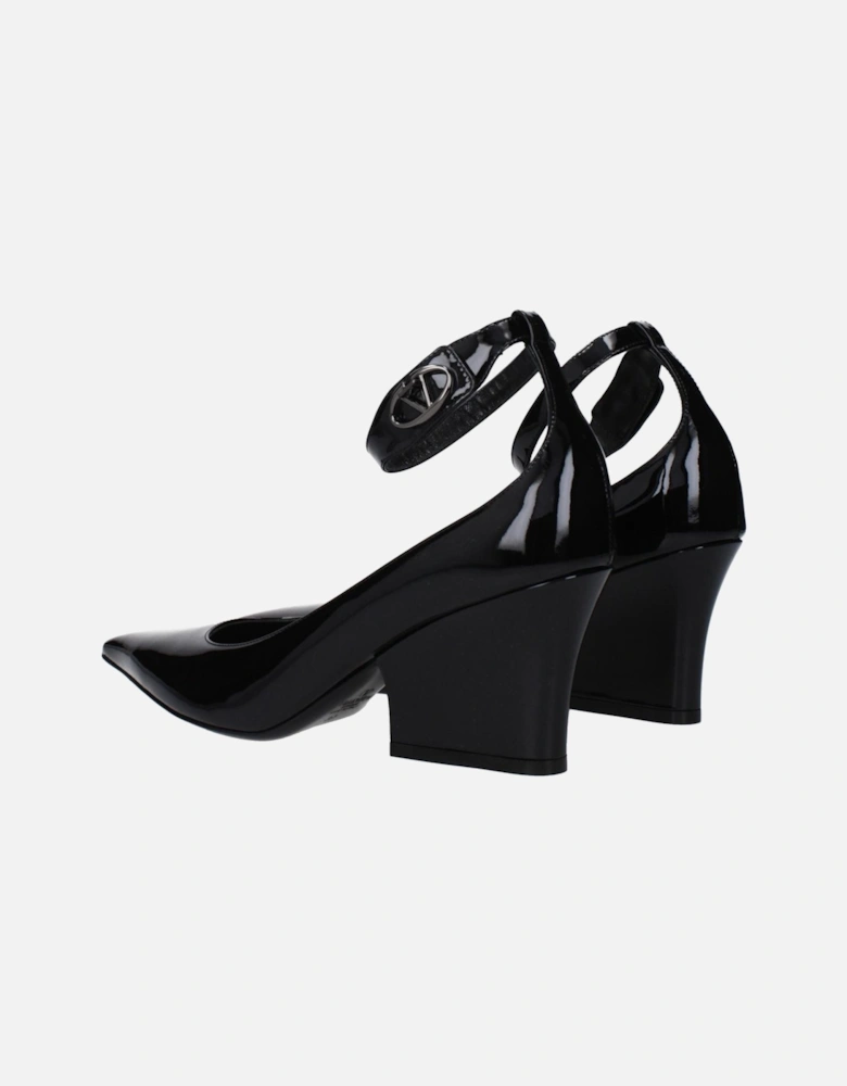 Patent Leather Pointy Toe Mid Heel Pumps Women - Black Brooches