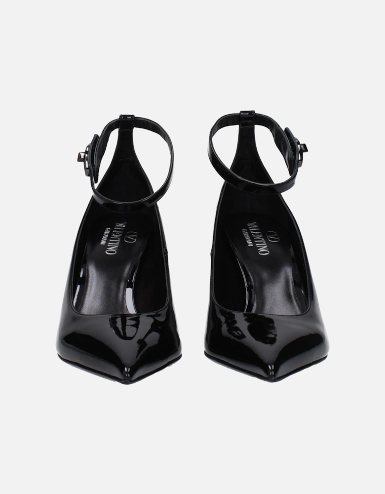 Patent Leather Pointy Toe Mid Heel Pumps Women - Black Brooches