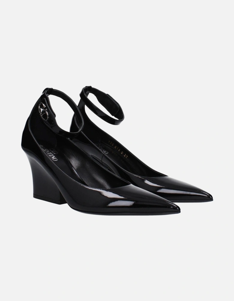 Patent Leather Pointy Toe Mid Heel Pumps Women - Black Brooches