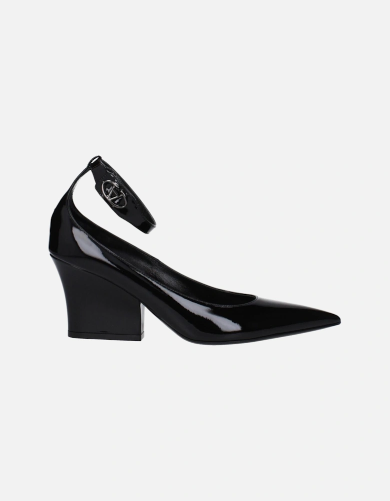 Patent Leather Pointy Toe Mid Heel Pumps Women - Black Brooches
