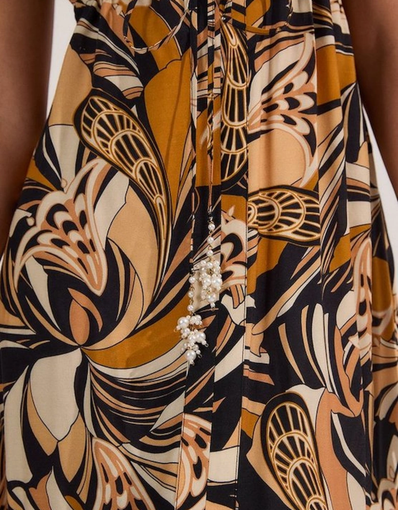 Petite Beach Border Print Spun Viscose Strappy Maxi Dress