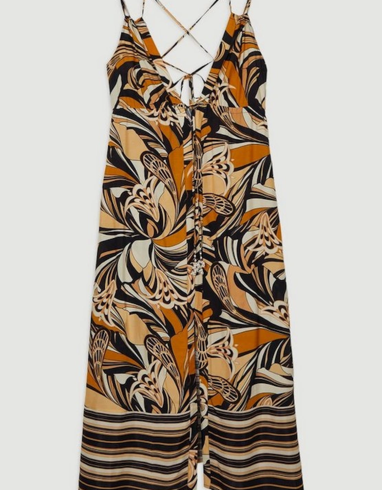 Petite Beach Border Print Spun Viscose Strappy Maxi Dress