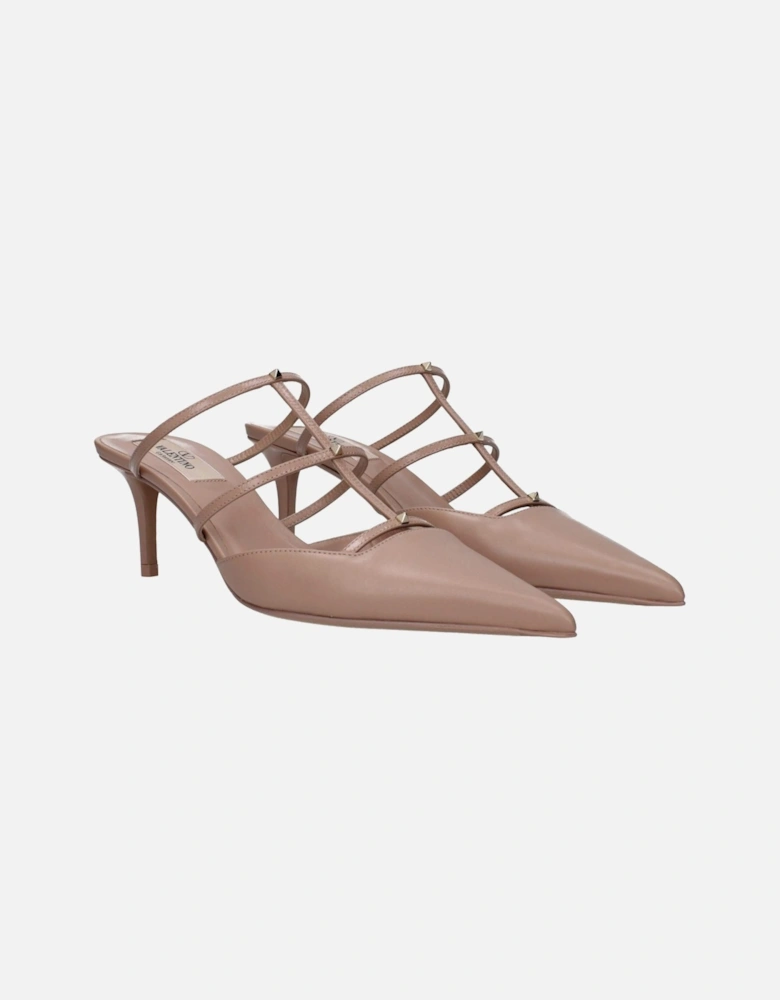 Studded Leather Pointed Toe Mid Heel Sandals Women - Pink