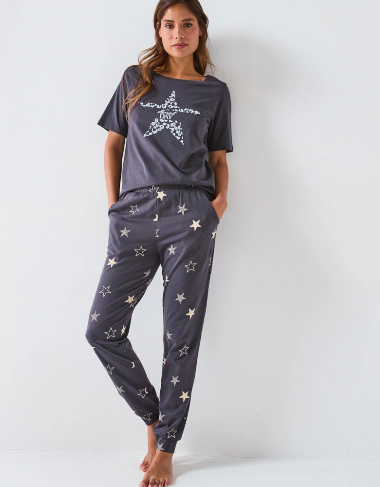 Star Print Short Sleeve And Jogger Pj Set