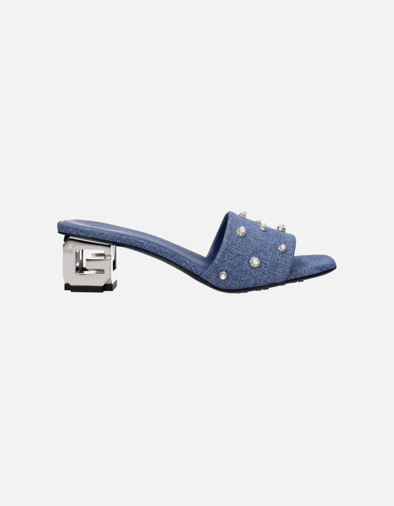 Beaded Rhinestone Mid Heel Open Toe Sandals Women - Blue