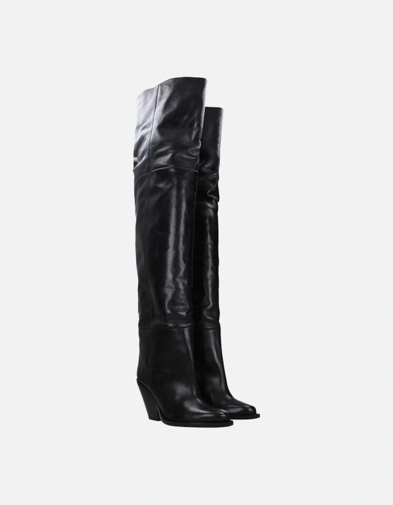 High Heel Leather Square Toe Boots Women - Black