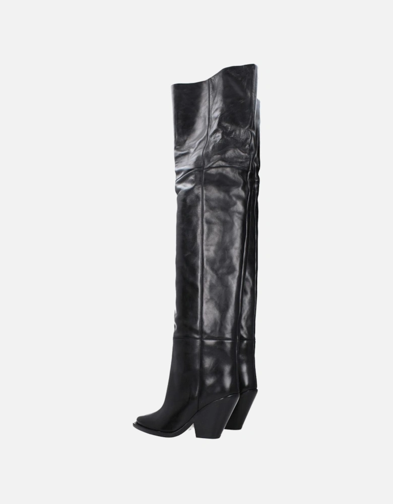High Heel Leather Square Toe Boots Women - Black
