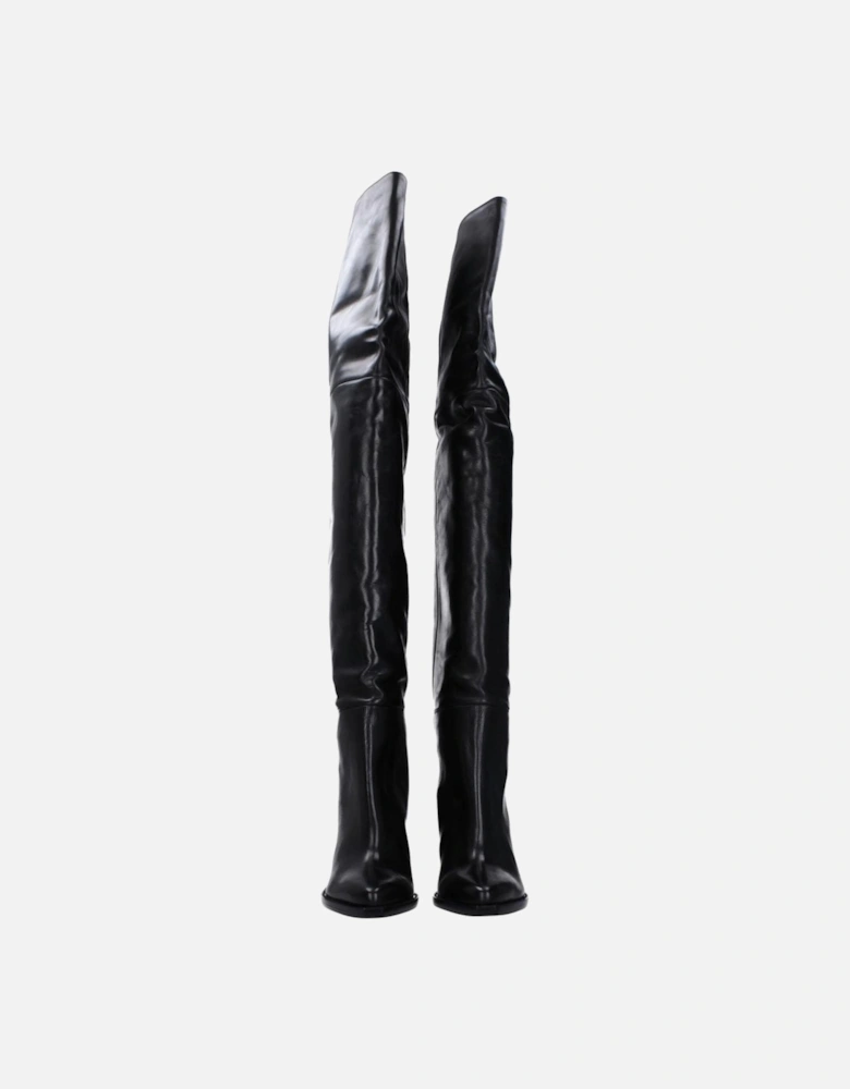 High Heel Leather Square Toe Boots Women - Black