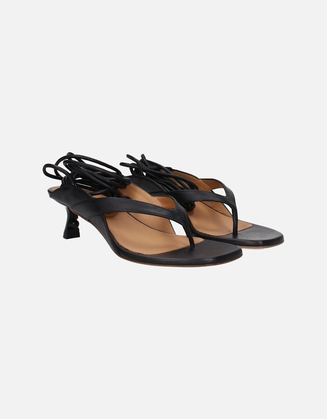 Open Toe Leather Flip Flops with Mid Heels Women - Black Sandals