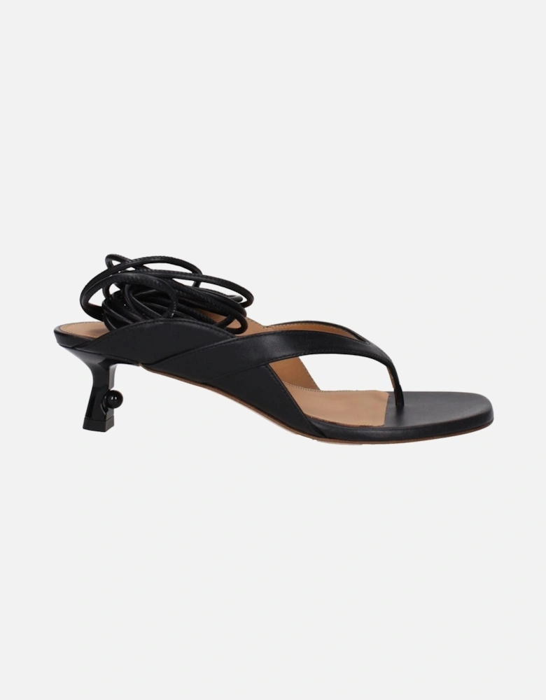 Open Toe Leather Flip Flops with Mid Heels Women - Black Sandals