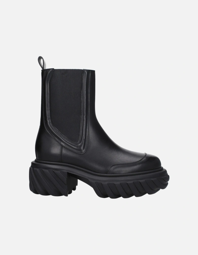 Back Logo Leather Ankle Boots with Mid Heels Women - Black