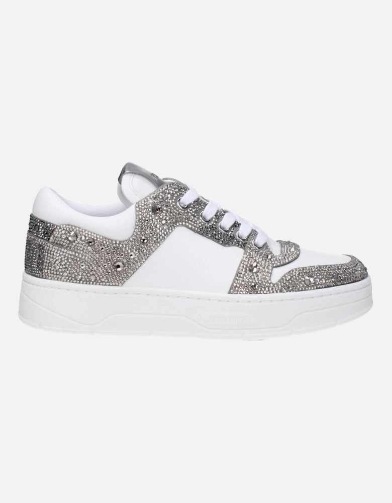 Rhinestone Leather Sneakers with Logo Details Women - White