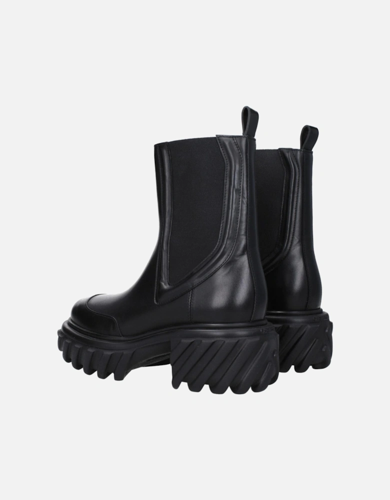 Back Logo Leather Ankle Boots with Mid Heels Women - Black