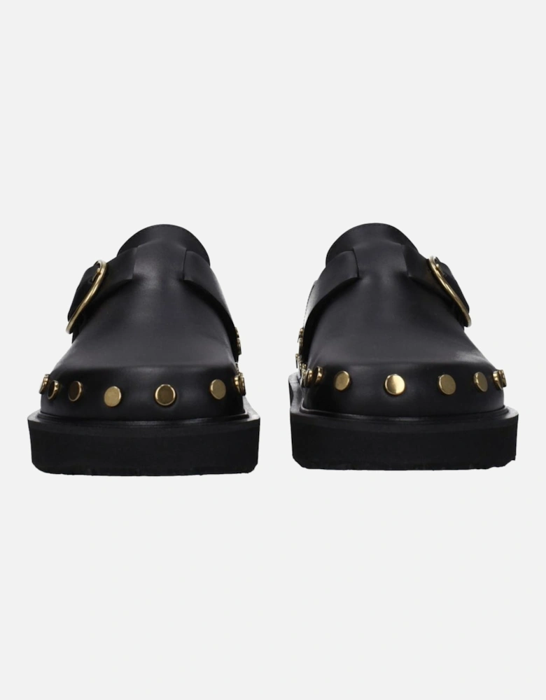 Leather Studded Vintage Slippers with Buckle Closure Women - Black