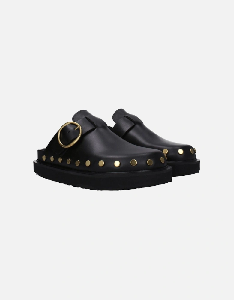 Leather Studded Vintage Slippers with Buckle Closure Women - Black