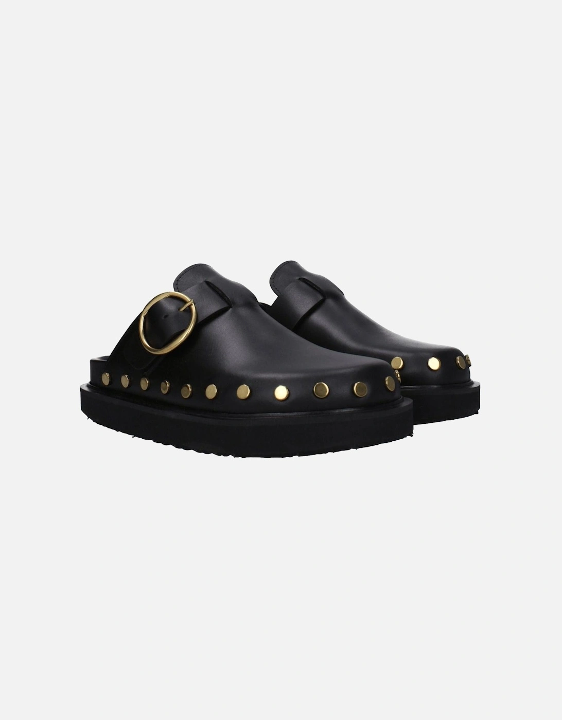 Leather Studded Vintage Slippers with Buckle Closure Women - Black