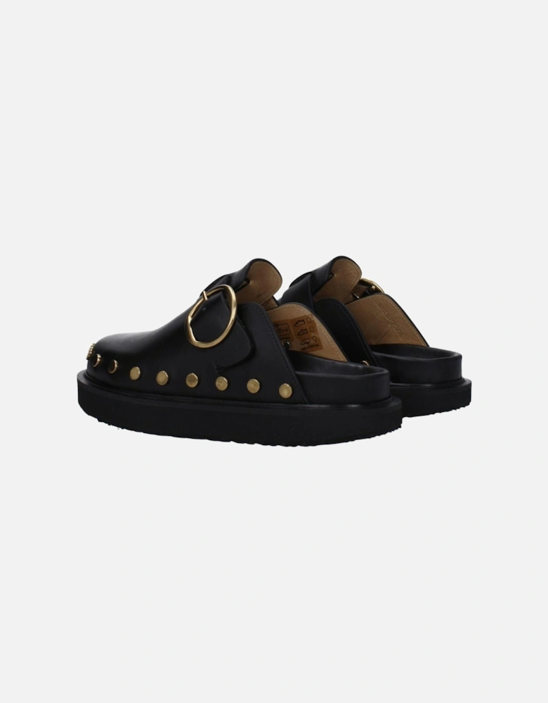 Leather Studded Vintage Slippers with Buckle Closure Women - Black