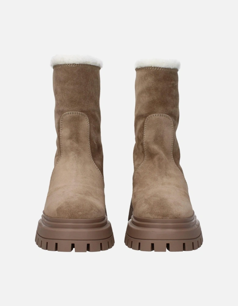 Suede Mid-Heel Ankle Boots with Back Logo Women - Beige