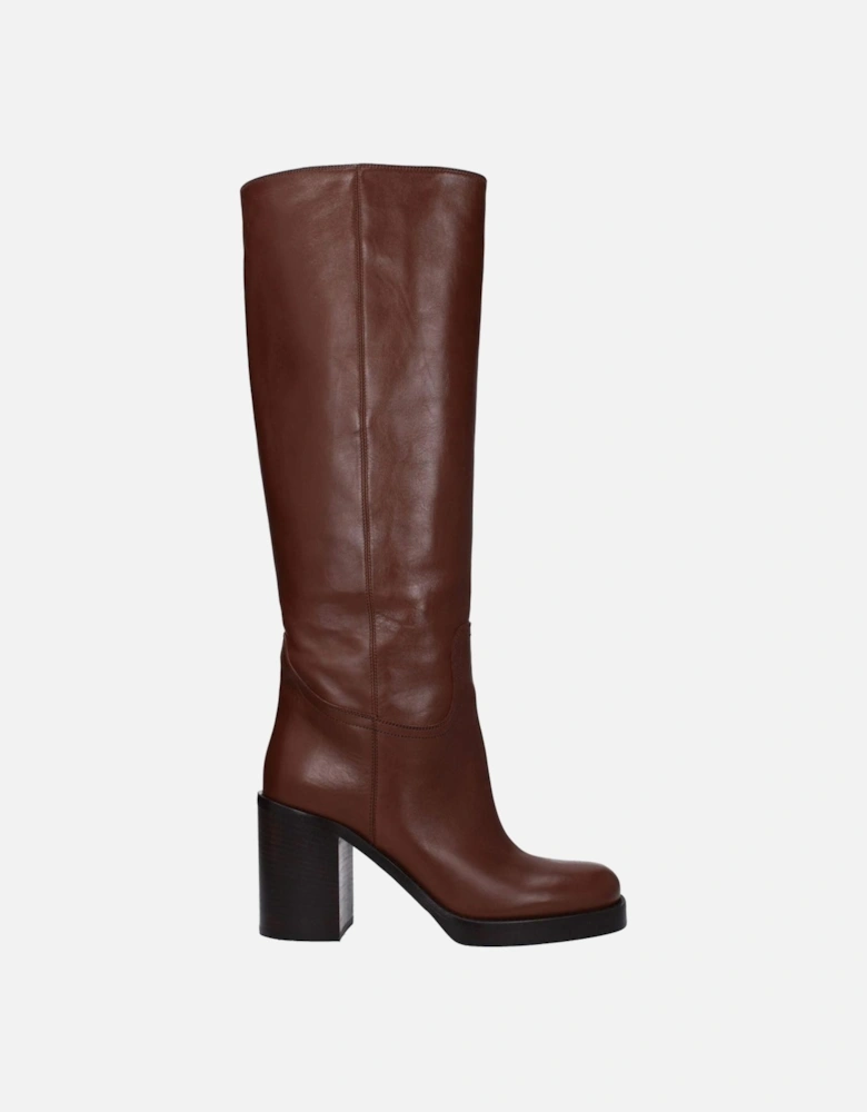 High Heel Leather Round Toe Boots Women - Brown