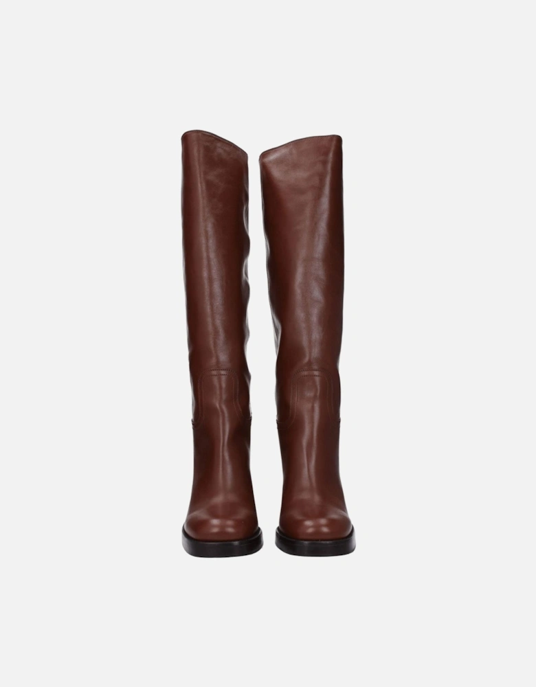 High Heel Leather Round Toe Boots Women - Brown
