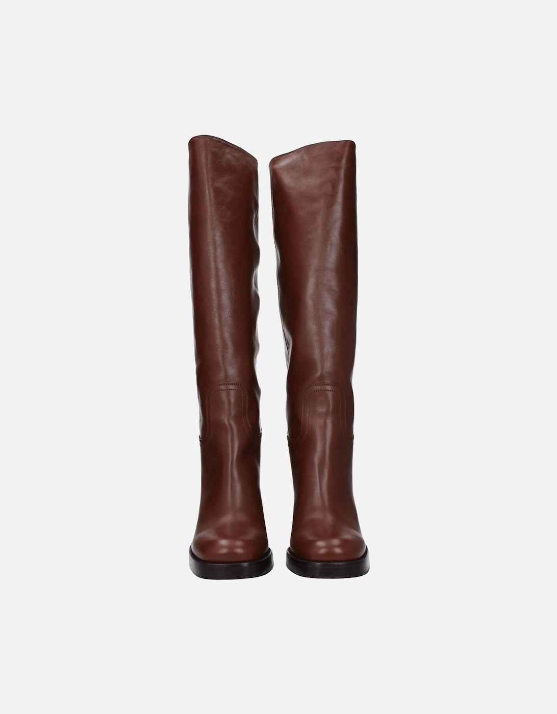 High Heel Leather Round Toe Boots Women - Brown