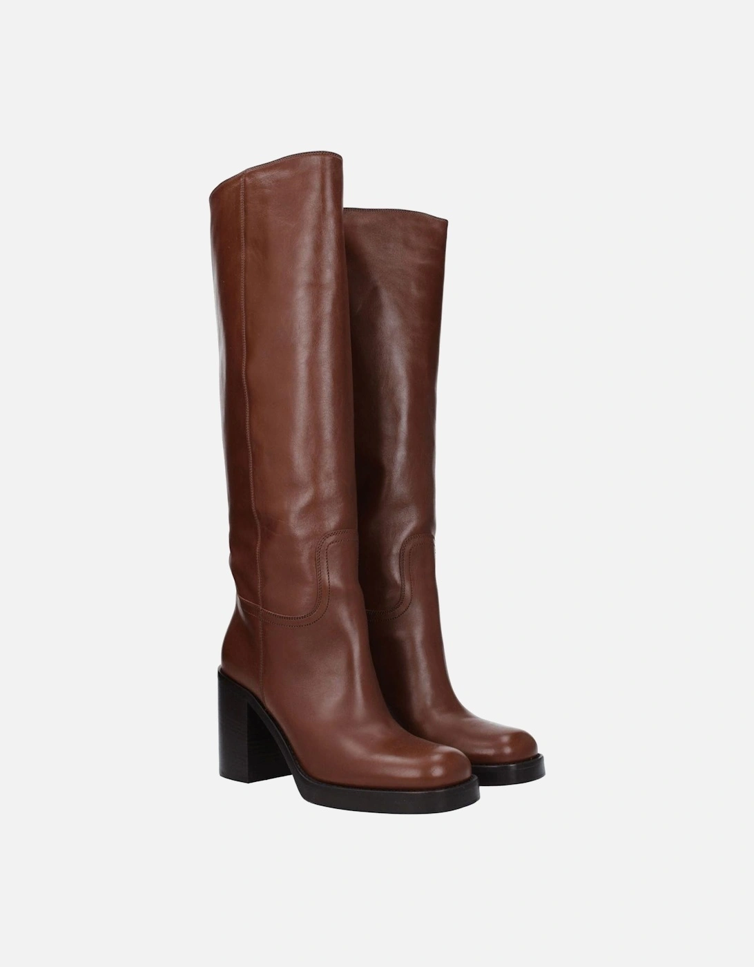 High Heel Leather Round Toe Boots Women - Brown